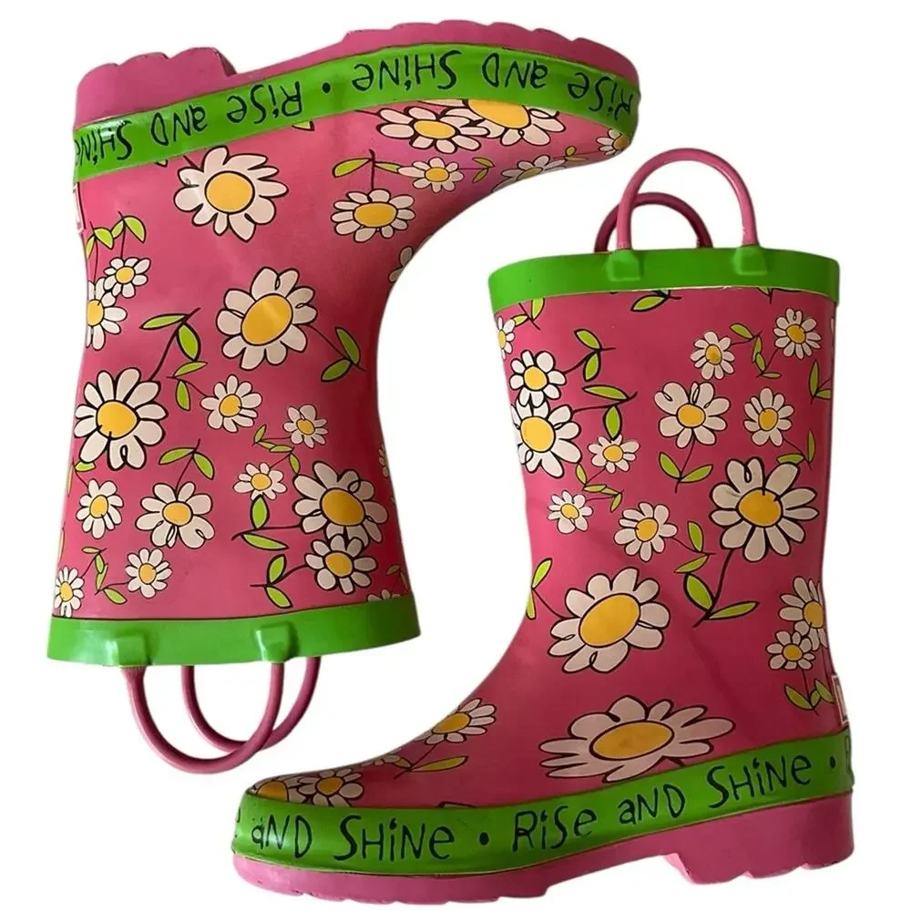 Lazy one Kids Rain Boots Daisy Pink Green Size 1 EUC